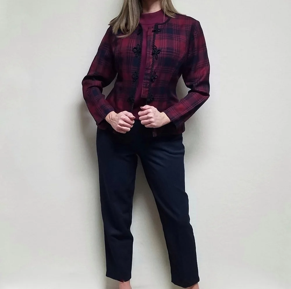VINTAGE 80s Jessica Howard Wine Red Buffalo Plaid Ribbed Pants Mockneck Top Set